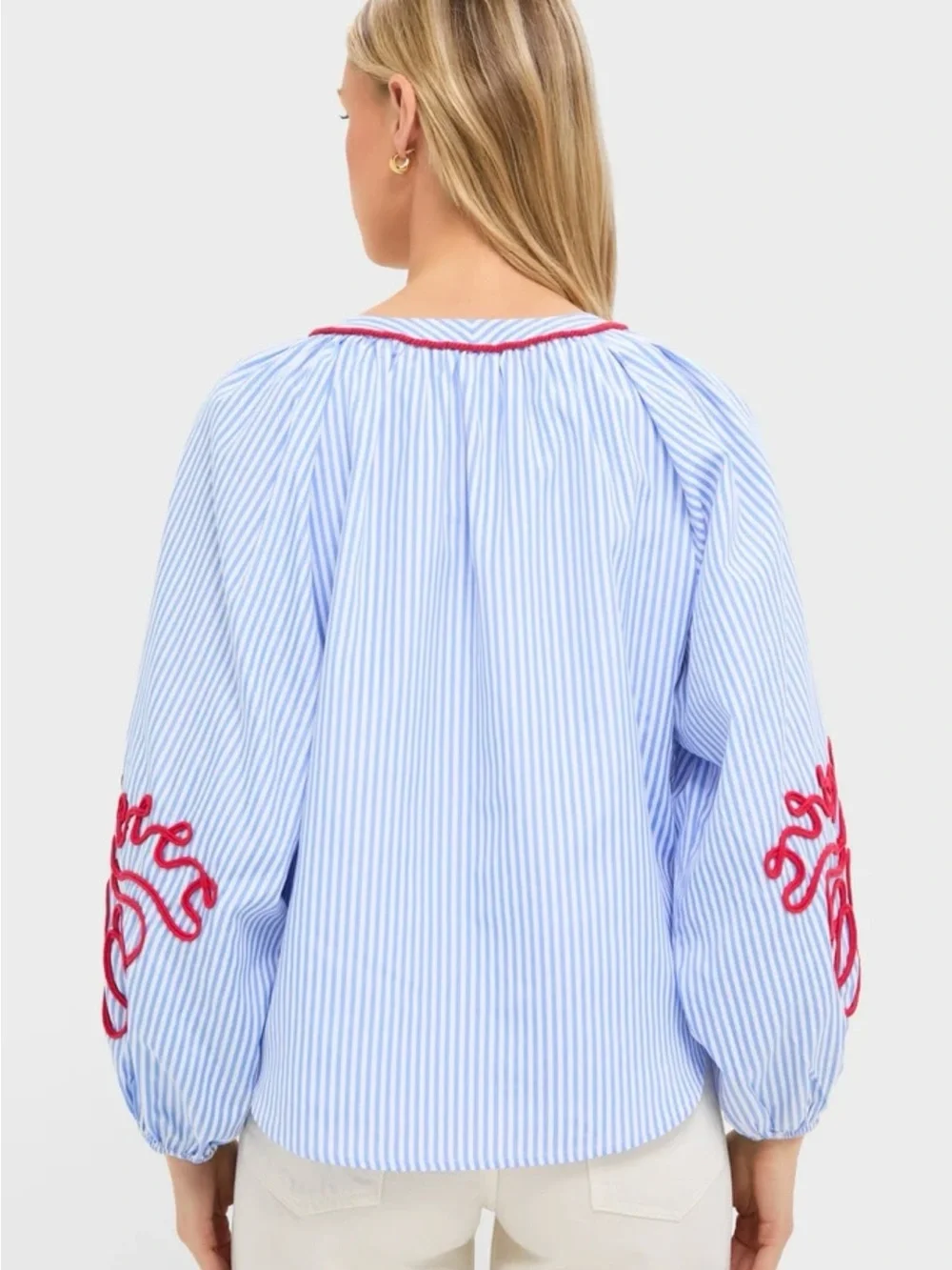 NWT Hyacinth House Tuckernuck Blouse Blue Stripe Red Embroidery Size Large - Picture 5 of 7